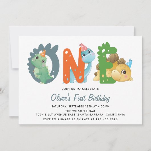 恐竜の最初の誕生日パーティーの招待状 招待状 (正面)