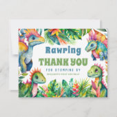 恐竜の最初の誕生日パーティーカスタム写真の編集可能 サンキューカード (正面)