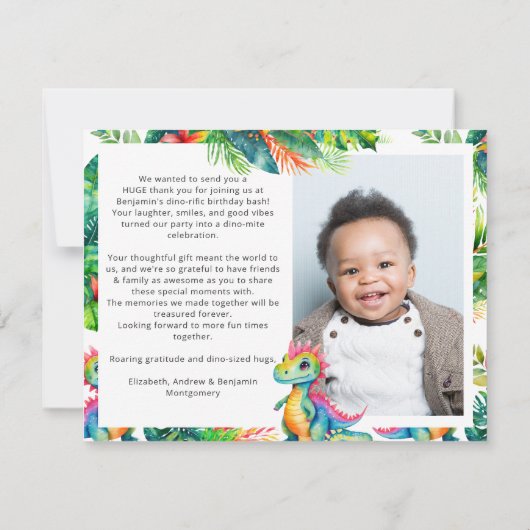 恐竜の最初の誕生日パーティーカスタム写真の編集可能 サンキューカード (裏面)