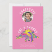 恐竜の最初の誕生日パーティーピンク 招待状 (正面)