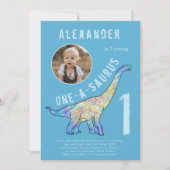 恐竜の最初の誕生日パーティーブルー 招待状 (正面)