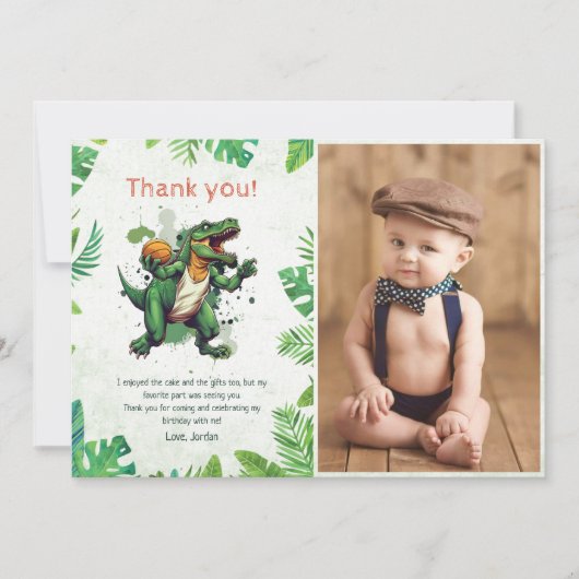 恐竜の最初の誕生日パーティー写真 サンキューカード (正面)