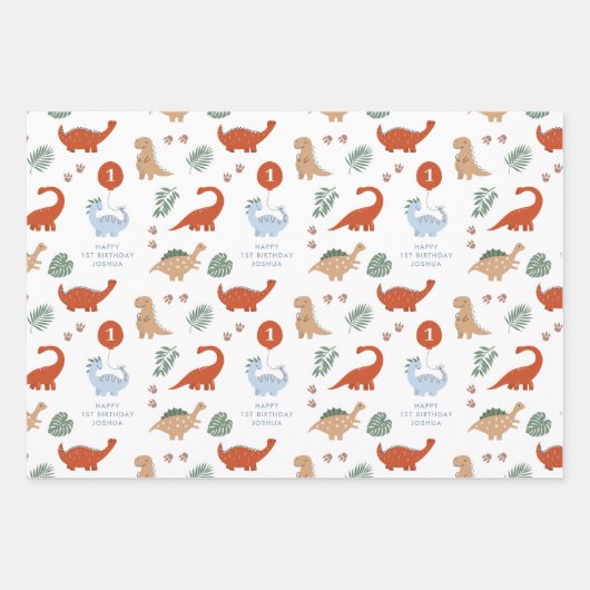 恐竜の最初の誕生日パーティー名前をカスタムする ラッピングペーパーシート (正面)