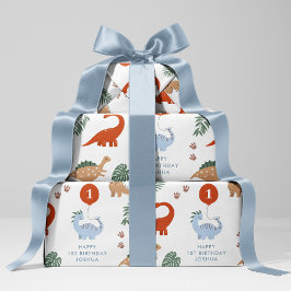 恐竜の最初の誕生日パーティー名前をカスタムする ラッピングペーパーシート