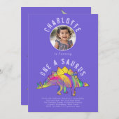 恐竜の最初の誕生日パーティー紫 招待状 (正面/裏面)