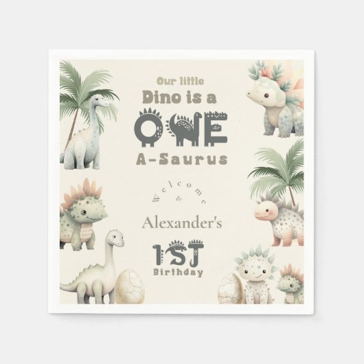 恐竜の最初の誕生日パーティー スタンダードカクテルナプキン (正面)