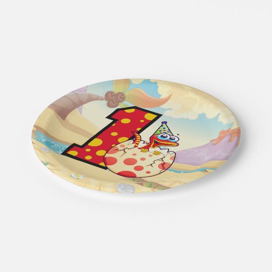 恐竜の最初の誕生日パーティー ペーパープレート (アングル)