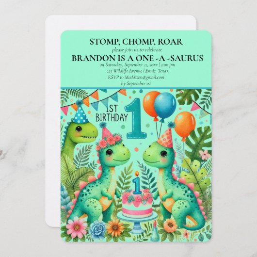 恐竜の最初の誕生日ボーイストンプチョンプロア 招待状 (正面/裏面)