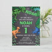 恐竜の最初の誕生日子供の誕生日ディノトレックスボーイ 招待状 (スタンド正面)