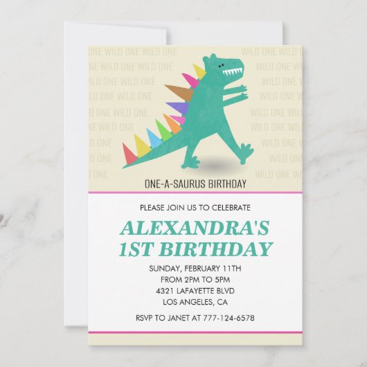 恐竜の最初の誕生日招待状ガールピンク 招待状 (正面)