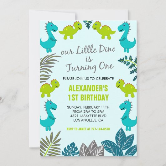 恐竜の最初の誕生日招待状ジャングルディノブルー 招待状 (正面)