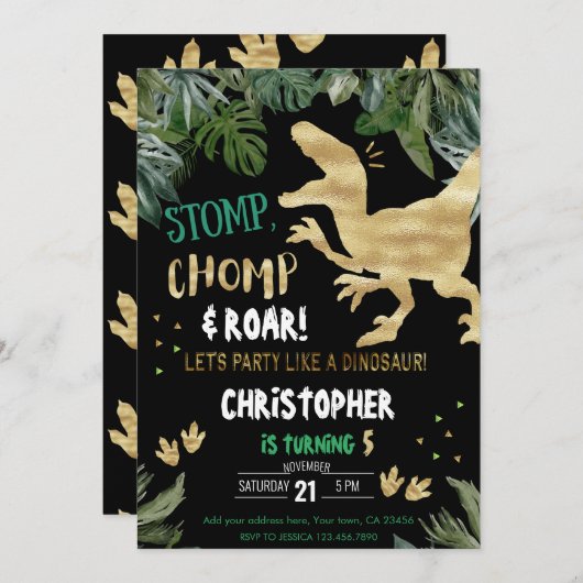 恐竜の最初の誕生日招待状ロアディノパーティー 招待状 (正面/裏面)