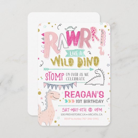 恐竜の最初の誕生日招待状ワイルドディノロール 招待状 (正面/裏面)
