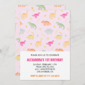 恐竜の最初の誕生日招待状女の子ピンクのジャングル 招待状 (正面/裏面)