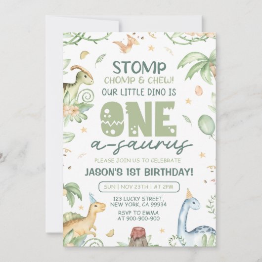 恐竜の最初の誕生日招待状編集可能ワン – A 招待状 (正面)