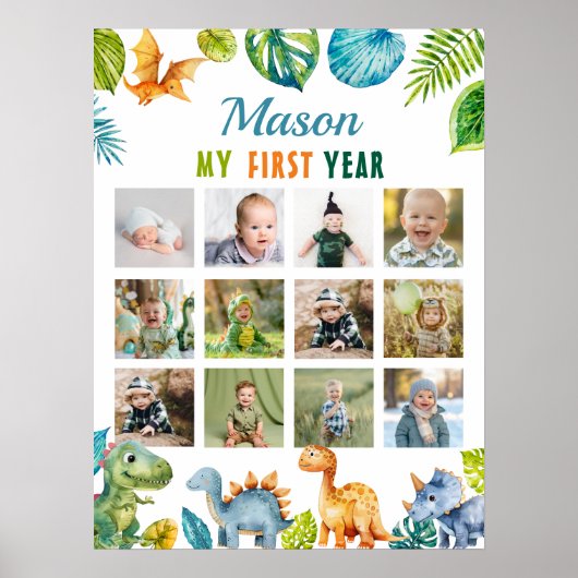 恐竜の最初の誕生日12フォトマイルストーンポスター ポスター (正面)