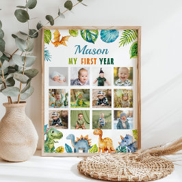 恐竜の最初の誕生日12フォトマイルストーンポスター ポスター