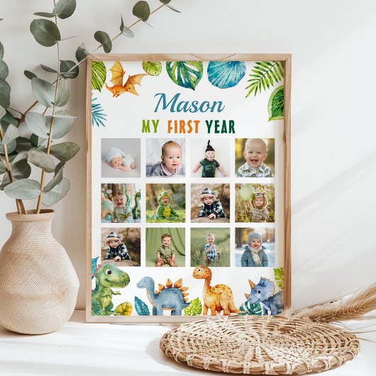 恐竜の最初の誕生日12フォトマイルストーンポスター ポスター