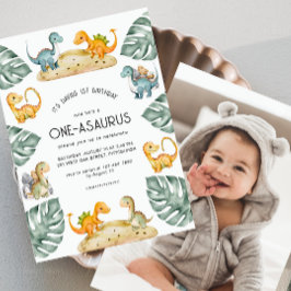 恐竜の最初の誕生日Oneasaurusパーティー写真 招待状