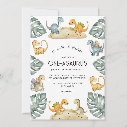 恐竜の最初の誕生日Oneasaurusパーティー写真 招待状 (正面)