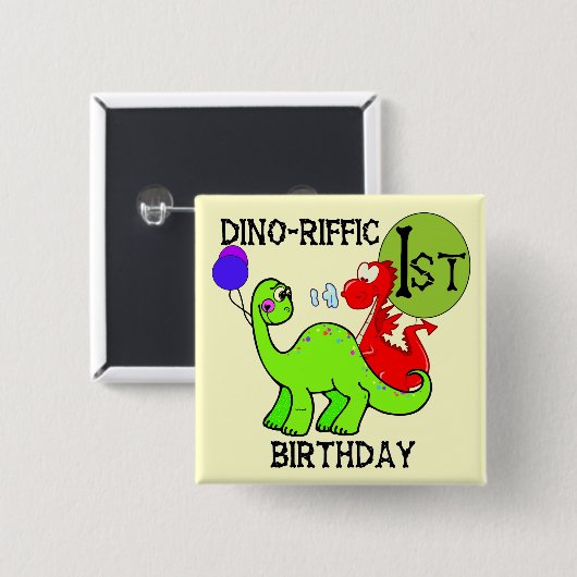 恐竜の最初誕生日のTシャツおよびギフト 缶バッジ (正面&裏面)