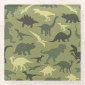 恐竜の模様、恐竜のシルエット、緑のDino ガラスコースター (正面)