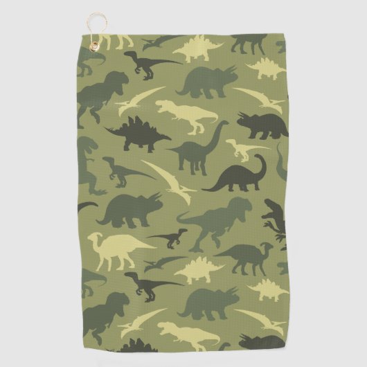 恐竜の模様、恐竜のシルエット、緑のDino ゴルフタオル (正面)