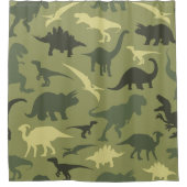 恐竜の模様、恐竜のシルエット、緑のDino シャワーカーテン (正面)