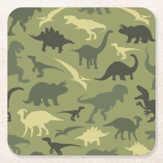 恐竜の模様、恐竜のシルエット、緑のDino スクエアペーパーコースター (正面)