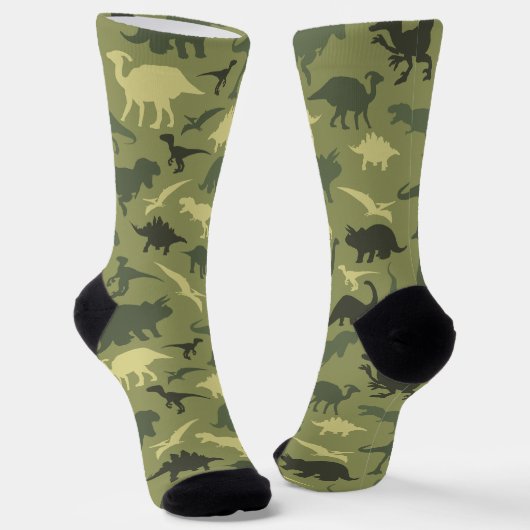 恐竜の模様、恐竜のシルエット、緑のDino ソックス (傾斜あり)