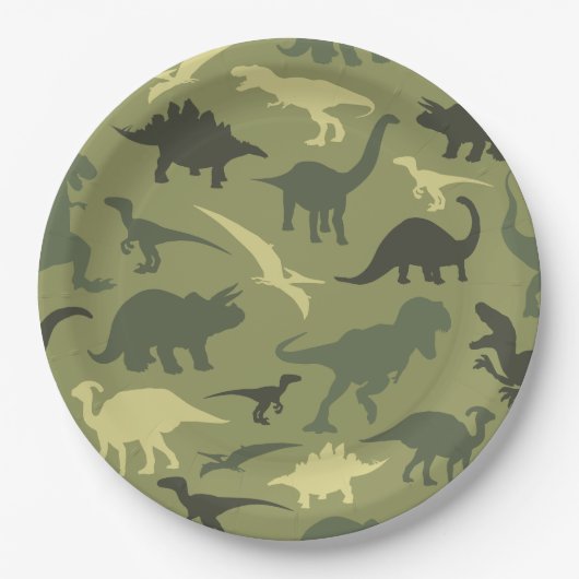 恐竜の模様、恐竜のシルエット、緑のDino ペーパープレート (正面)