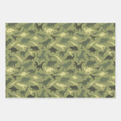 恐竜の模様、恐竜のシルエット、緑のDino ラッピングペーパーシート (正面3)