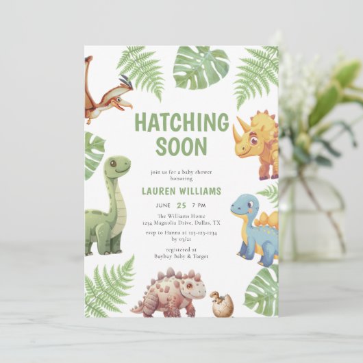 恐竜の水の色ハッチングもうすぐ赤ちゃんシャワー 招待状 (スタンド正面)