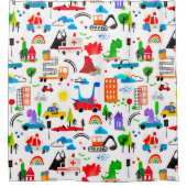 恐竜の水の色忙し都市の子供の車トラック シャワーカーテン (正面)