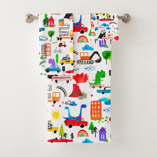 恐竜の水の色忙し都市の子供の車トラック バスタオルセット (インサイチュ)