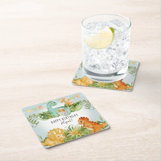 恐竜の水彩のかわいい木の葉の誕生パーティー スクエアペーパーコースター (インサイチュ)