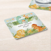恐竜の水彩のかわいい木の葉の誕生パーティー スクエアペーパーコースター (アングル)