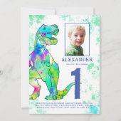恐竜の水彩の最初の誕生日パーティー 招待状 (正面)
