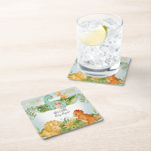 恐竜の水彩カラー観葉男の赤ちゃんシャワー スクエアペーパーコースター (インサイチュ)