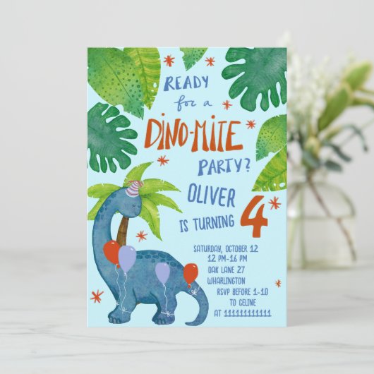 恐竜の水彩可愛い誕生日パーティー 招待状 (スタンド正面)