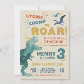 恐竜の水彩画 誕生日おめでとう Stomp Chomp Roar 招待状 (正面)