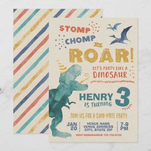恐竜の水彩画 誕生日おめでとう Stomp Chomp Roar 招待状 (正面/裏面)