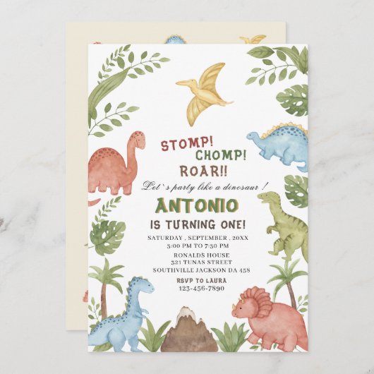 恐竜の水彩誕生日パーティー 招待状 (正面/裏面)