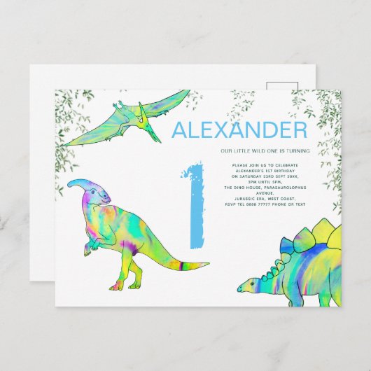 恐竜の水彩1st誕生日パーティーバジェットブルー インビテーションポストカード (正面/裏面)