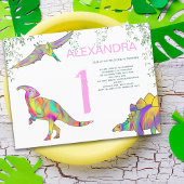 恐竜の水彩1st誕生日パーティーピンクバジェット インビテーションポストカード