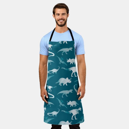 恐竜の水彩:テキスタイルパターン エプロン (着用した状態)