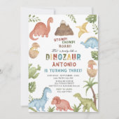 恐竜の水色のチョンプの轟音の誕生日の部分 招待状 (正面)