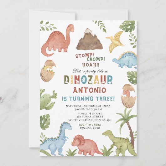 恐竜の水色のチョンプの轟音の誕生日の部分 招待状 (正面)