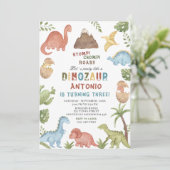 恐竜の水色のチョンプの轟音の誕生日の部分 招待状 (スタンド正面)