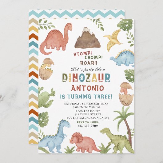 恐竜の水色のチョンプの轟音の誕生日の部分 招待状 (正面/裏面)
